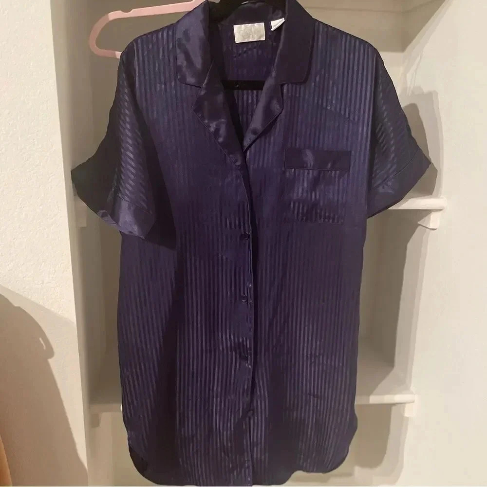SATIN BLUE JACQUARD SEMI SHEER OVERSIZED BUTTON UP COLLARED SLEEP SHIRT SIZE S - Picture 16 of 16